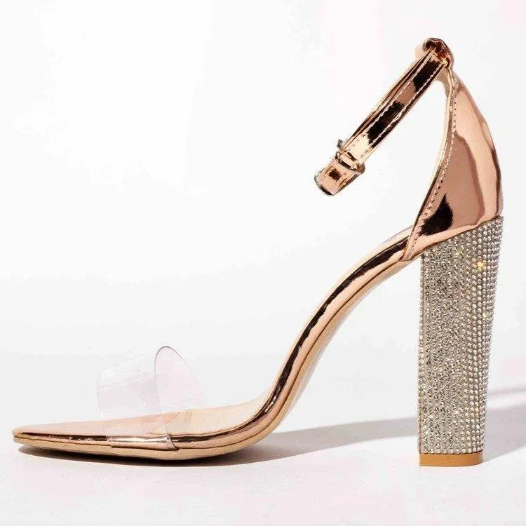 Thick High-heeled Slotted Buckle Rhinestone Sandals Sexy High-heeled Shoes