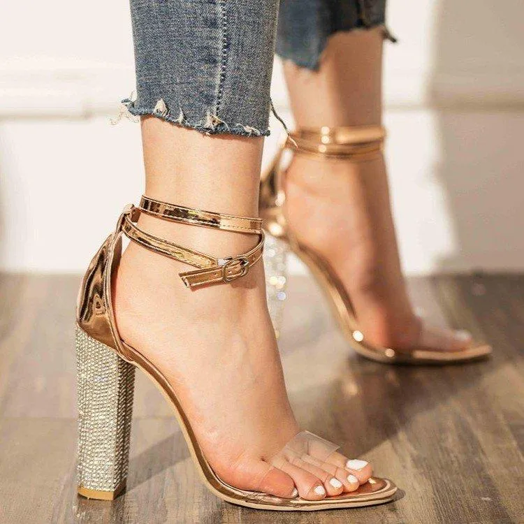 Thick High-heeled Slotted Buckle Rhinestone Sandals Sexy High-heeled Shoes