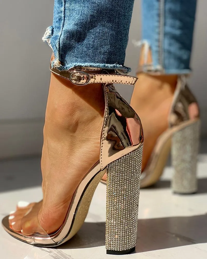 Thick High-heeled Slotted Buckle Rhinestone Sandals Sexy High-heeled Shoes