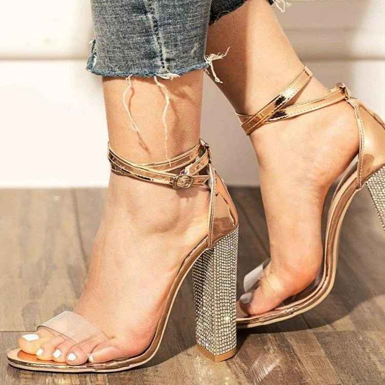 Thick High-heeled Slotted Buckle Rhinestone Sandals Sexy High-heeled Shoes
