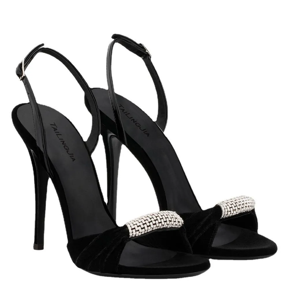 Velvet Rhinestone Super High Heel Sandals Dinner Shoes Fashion Women's Shoes