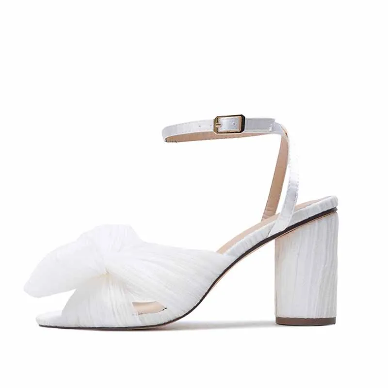Women Pleated Knot Heeled Sandal with Ankle Strap Summer Bridesmaid Dress Shoes