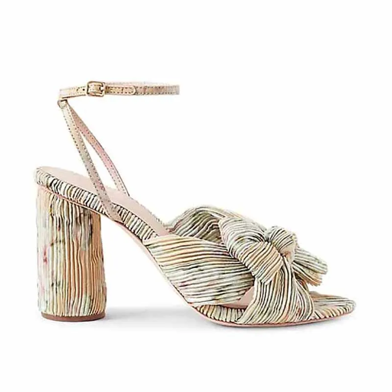 Women Pleated Knot Heeled Sandal with Ankle Strap Summer Bridesmaid Dress Shoes