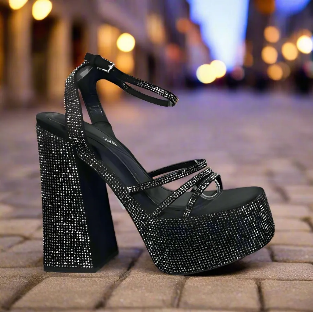 Zara Rhinestone Chunky High-Heeled Platform Sandals Size UK 6 / EU 39 / US 8