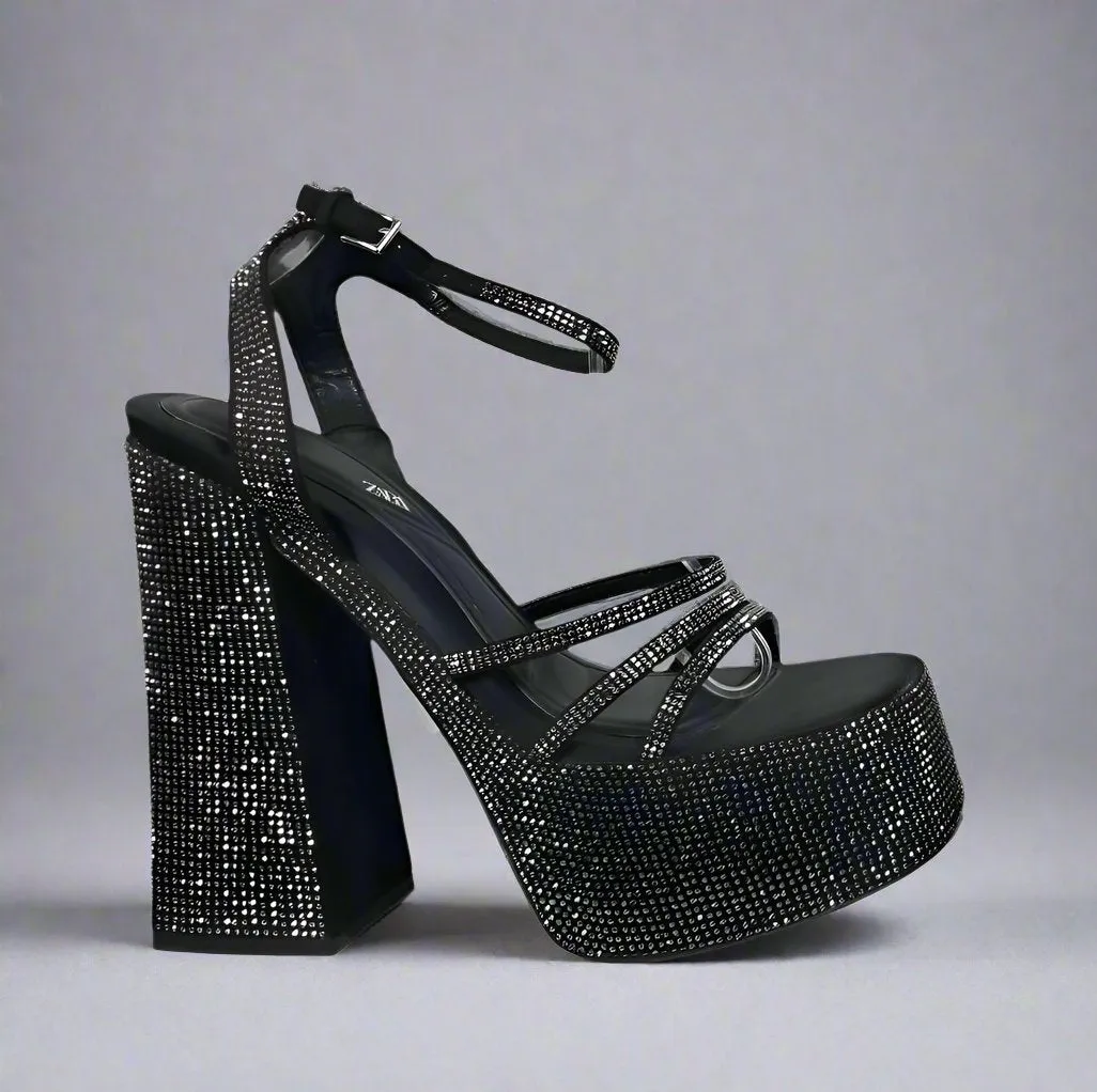 Zara Rhinestone Chunky High-Heeled Platform Sandals Size UK 6 / EU 39 / US 8