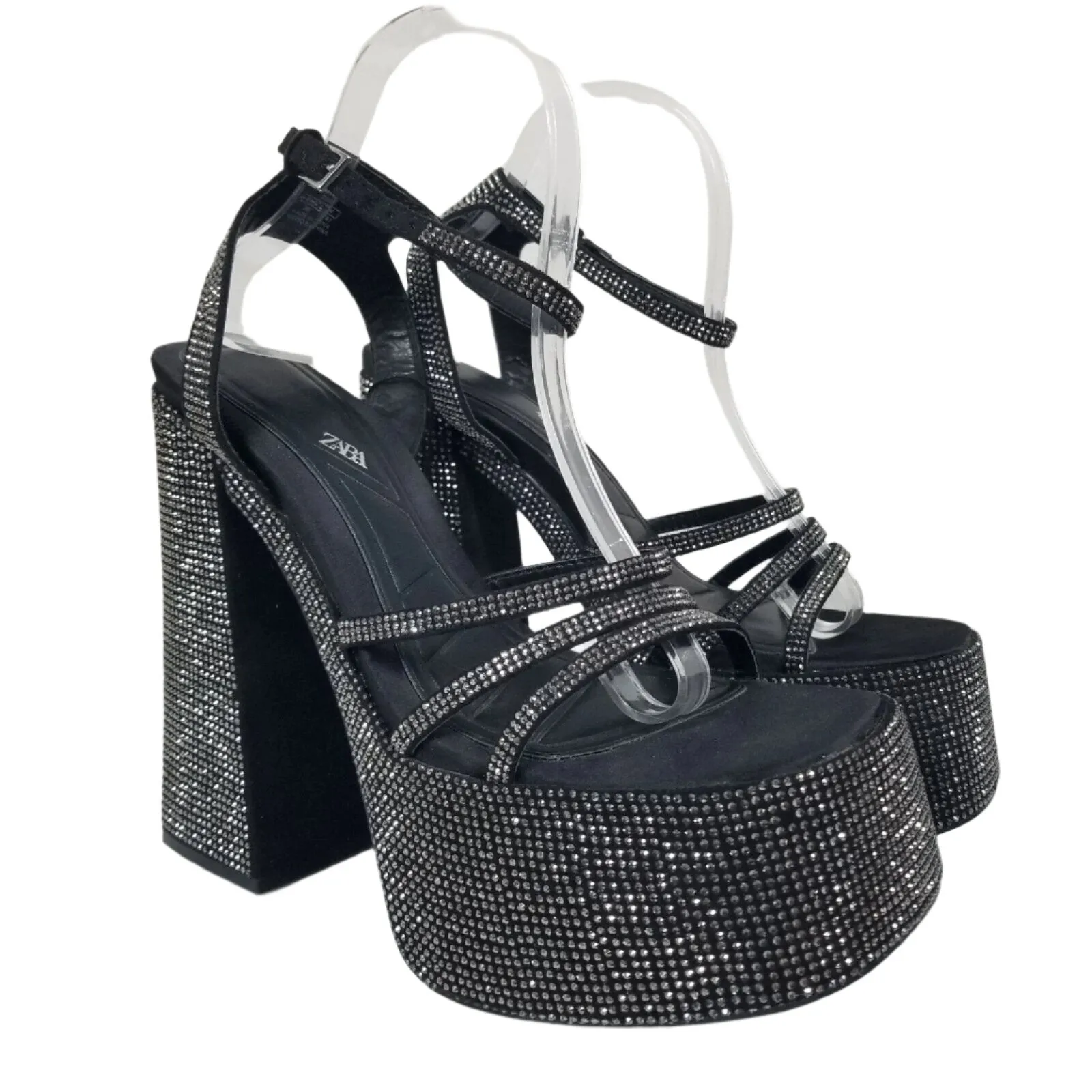 Zara Rhinestone Chunky High-Heeled Platform Sandals Size UK 6 / EU 39 / US 8